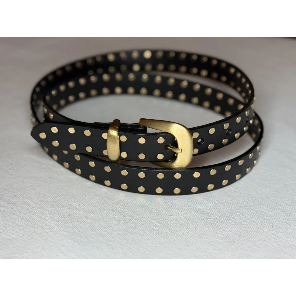 Madewell Flat Studded Western Belt Women's XL Black Leather Gold Buckle Boho